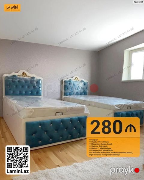 İki nəfərlik dizayna uyğun tək çarpayı - Ölçü: 90 x 200 sm — Bakı