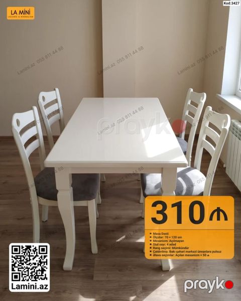 Məhsul: Masa dəsti (Kod: 3427) Tərkib: - 1 ədəd masa - 4 ədəd stul — Bakı