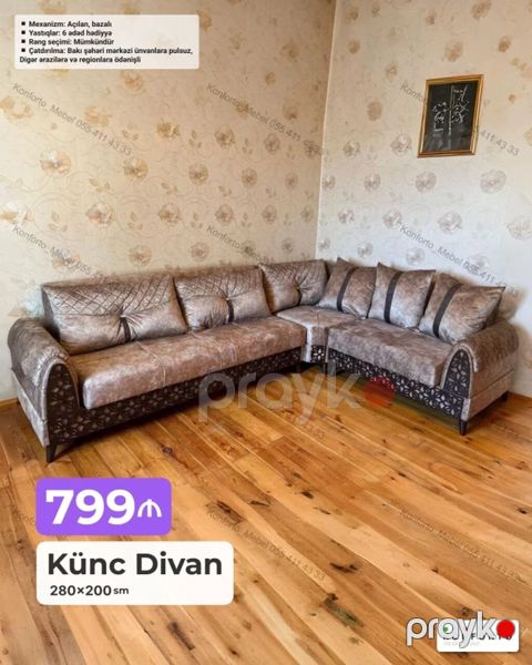 Künc divan – 280×200 sm - Mexanizm: açılandır, bazalı - Yastıqlar: 6 — Bakı