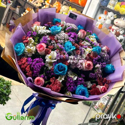 Çoxrəngli Qızılgül və Qarışıq Çiçək Buketi — Bakı