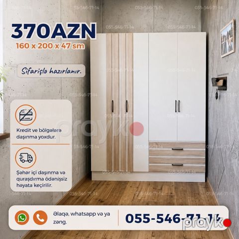 Məhsul: 3 qapılı dolab, alt hissədə 2 çekmece - Ölçülər: 160 x 200 x — Bakı
