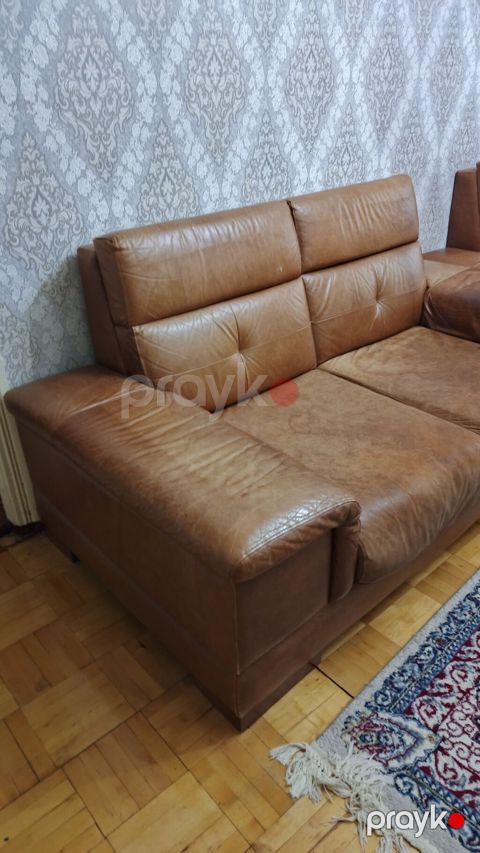 Qəhvəyi rəngdə dəri divan dəsti - Material: təbii dəri üzü, yumşaq — Masazır