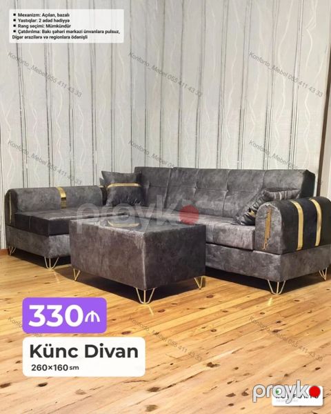 Künc Divan – 260×160 sm - Mexanizm: açılan, bazalı (daxili sandıqla) — Bakı