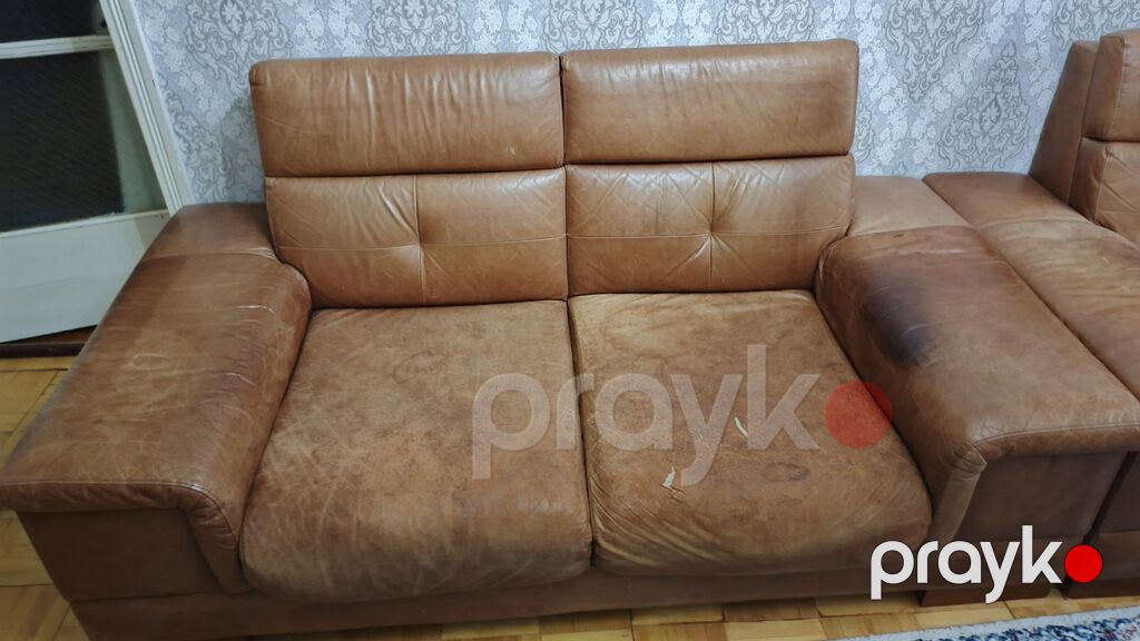 Qəhvəyi rəngdə dəri divan dəsti - Material: təbii dəri üzü, yumşaq — Yumşaq mobilya dəstləri, Masazır (3)