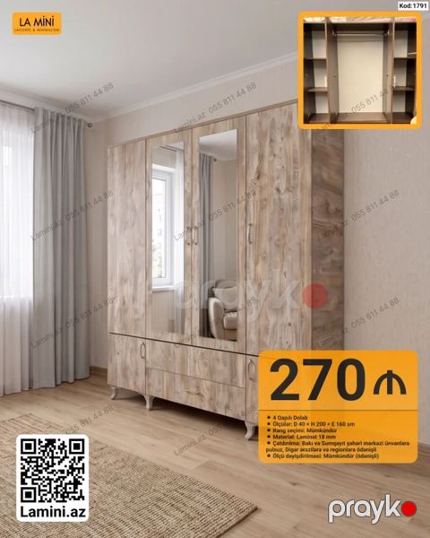 4 qapılı dolab – Kod: 1791 - Ölçülər: D 40 H 200 E 160 sm - Rəng — Bakı