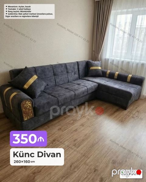 Künc divan – 260×160 sm Mexanizm: açılan, bazalı (yuxarı qalxan — Bakı