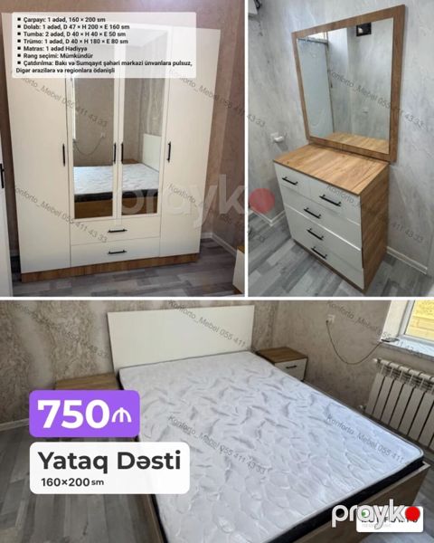 Yataq Dəsti – 160×200 sm Komplekt: - Çarpayı: 1 ədəd, 160×200 sm — Bakı