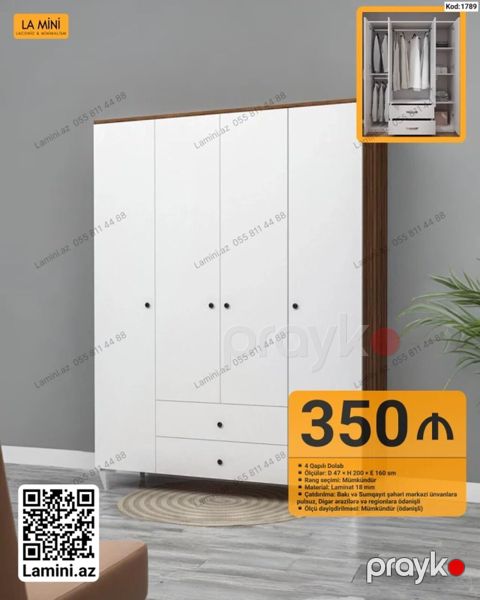 4 qapılı dolab – Kod: 1789 - Ölçülər: D 47 H 200 E 160 sm - Rəng — Bakı