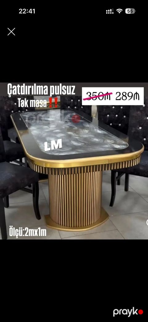 Masa – dəbdəbəli dizayn, qızılı detallı tək dayaq və mərmər effekti — Bakı