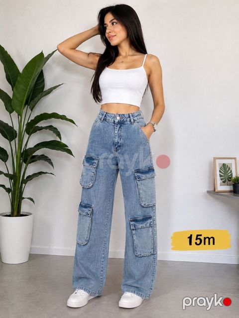 Geniş kəsimli qadın şalvarları – 15m 1) Džins kargo model - Material — Bakı