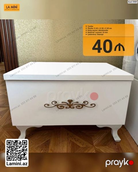 Ağ rəngli dekorativ tumbə (Kod: 5989) - Ölçülər: D 40 H 30 E 40 — Bakı