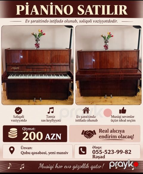 Pianino – Akkord marka, şaquli model. Taxta korpus cilalı tünd-qəhvəyi — Masazır
