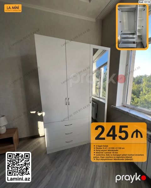 3 qapılı ağ rəngli dolab - Ölçülər: D 47 H 200 E 120 sm — Bakı