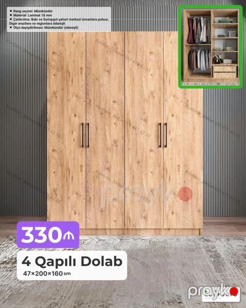 4 qapılı geyim dolabı - Ölçülər: 47 200 160 sm - Material: 18 mm — Bakı