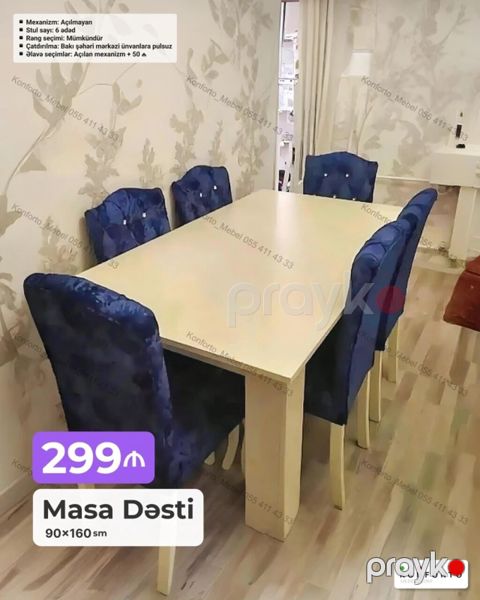 Masa dəsti – 90×160 sm - Komplekt: 1 ədəd yemək masası + 6 ədəd stul — Bakı