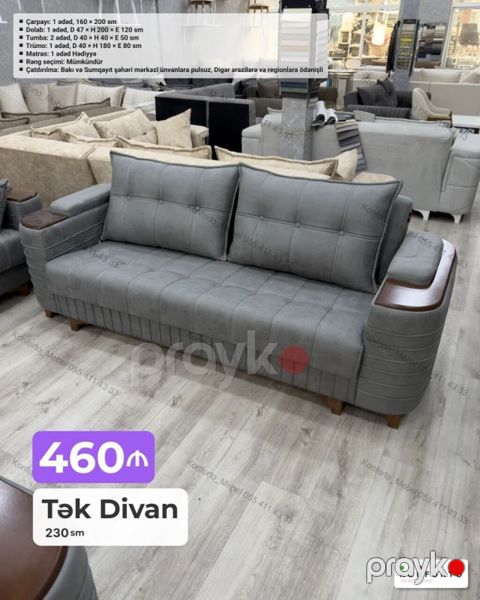 Tək divan – 230 sm - Rəng: boz (yumşaq parça üzlük) - Oturacaq — Bakı