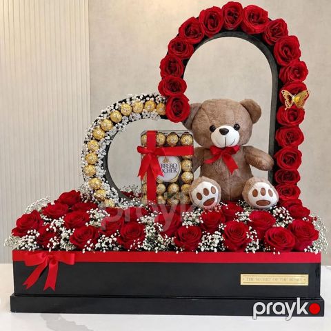 Premium Qırmızı Qızılgül, Ferrero Rocher və Ayıcıq Hədiyyə Kompozisiyası — Bakı
