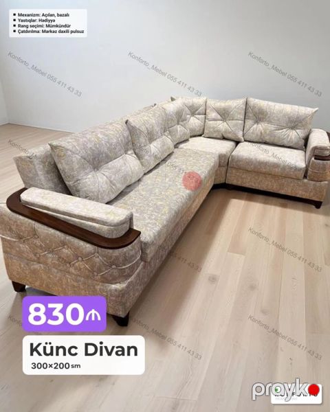 Künc Divan – 300×200 sm - Mexanizm: Açılan, bazalı (yataq funksiyalı — Bakı