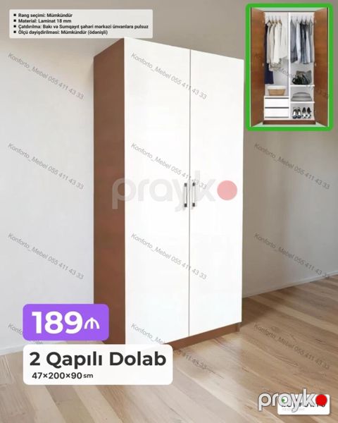 2 qapılı geyim dolabı - Ölçülər: 47×200×90 sm - Material: 18 mm — Bakı