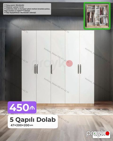 5 qapılı geyim dolabı Ölçü: 47 200 200 sm Material: 18 mm — Bakı