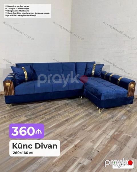 Künc Divan – 260×160 sm - Açılan, bazalı mexanizm: gündəlik oturma və — Bakı