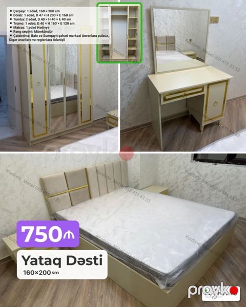Yataq Dəsti – 160×200 sm Tərkib: - Çarpayı: 1 ədəd, 160×200 sm — Bakı