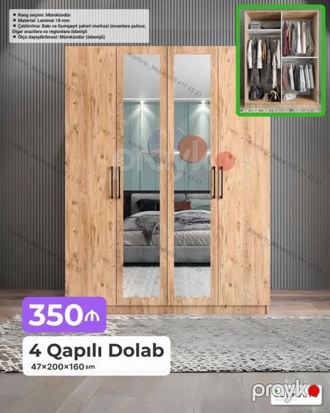 4 qapılı paltar dolabı – 47×200×160 sm – Material: 18 mm laminat — Bakı