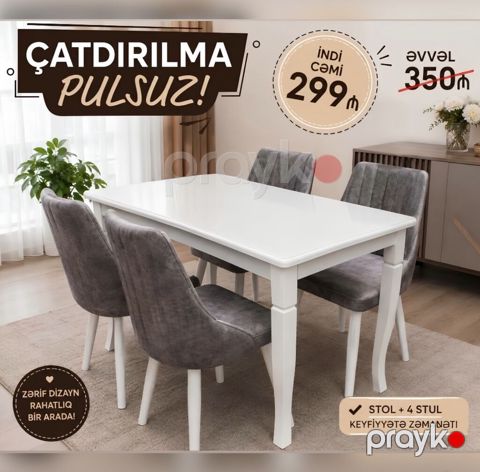 Mətbəx/Qonaq otağı üçün stol və 4 stul dəsti - Komplekt: 1 stol + 4 — Bakı