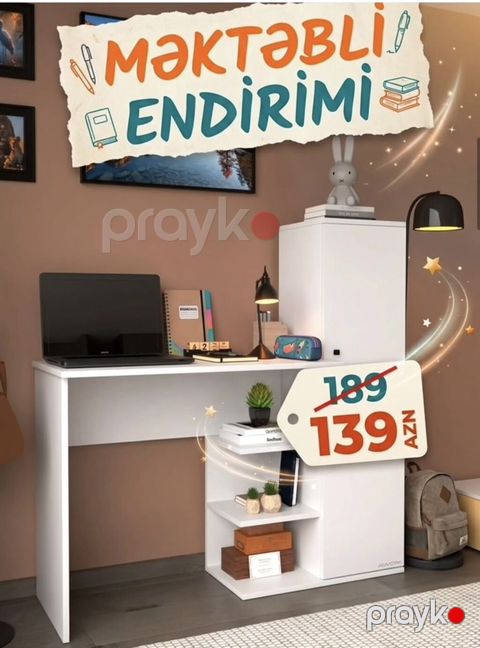 Məktəbli endirimi Ağ rəngli funksional iş masası: - Geniş iş səthi — Bakı