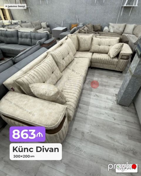 Künc Divan – 300×200 sm - Yumşaq, krem rəngli parça üzlük - Dərin — Bakı