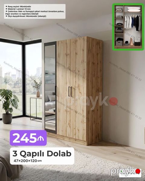 3 qapılı paltar dolabı – 47×200×120 sm - Material: 18 mm laminat — Bakı