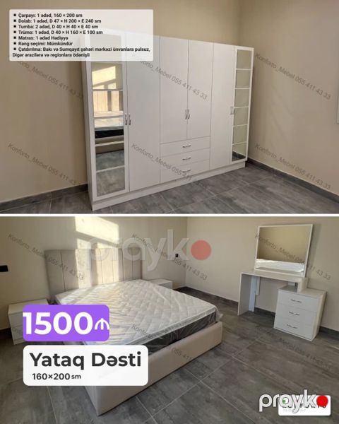 Yataq Dəsti – 160×200 sm Komplekt: - Çarpayı: 1 ədəd, 160×200 sm — Bakı