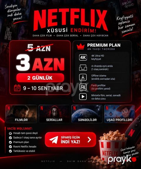 Netflix Premium plan Xidmətin məzmunu: - 4K Ultra HD keyfiyyət - Eyni — Gəncə