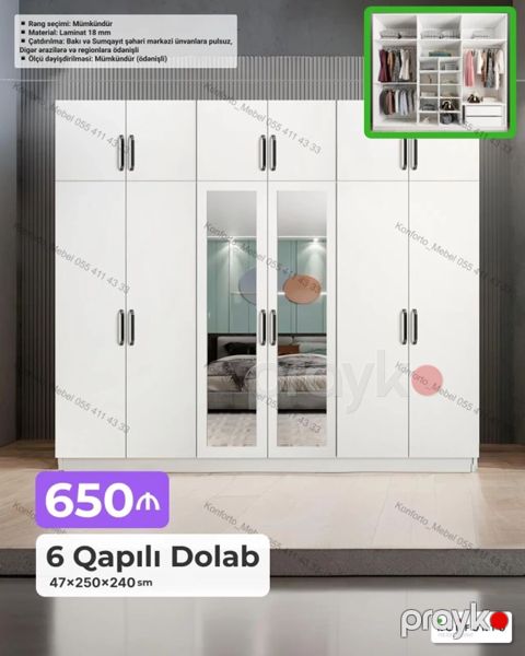 6 qapılı geyim dolabı — 47×250×240 sm - Material: 18 mm laminat — Bakı