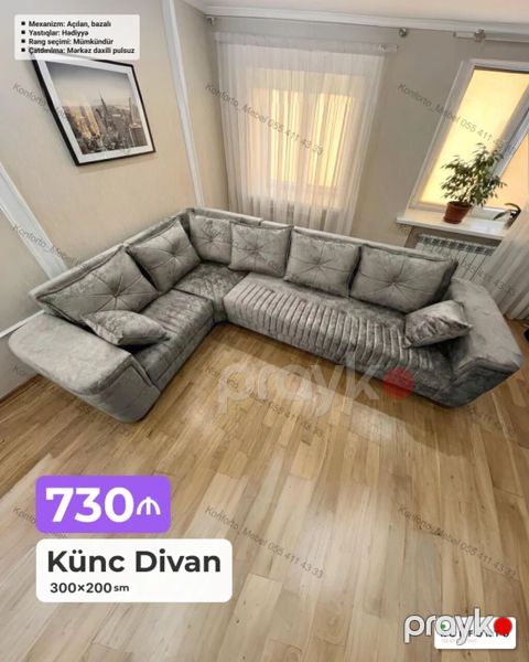 Künc Divan – 300×200 sm - Mexanizm: açılan, bazalı (yataq funksiyalı — Bakı
