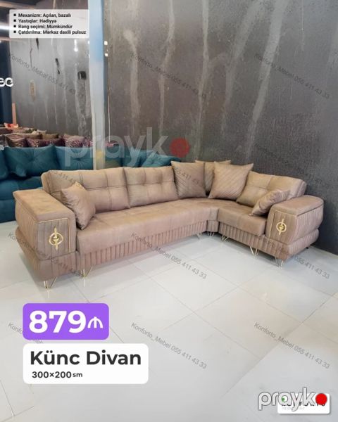Künc divan – 300×200 sm - Mexanizm: Açılan, bazalı (yataq funksiyası — Bakı