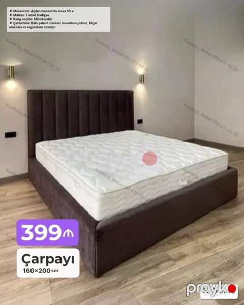 Çarpayı – 160×200 sm - Yumşaq parça ilə üzlənmiş, hündür, vertikal — Bakı