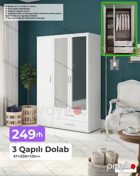 3 qapılı paltar dolabı - Ölçülər: Dərinlik 47 sm Hündürlük 200 sm — Bakı