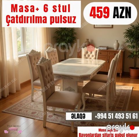 Qonaq otağı üçün, Yeni, Açılan, Dördbucaq masa, 6 stul — Bakı