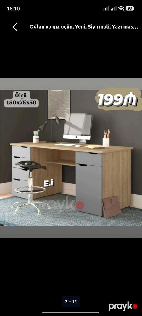 Yazı/kompüter masası – ölçü: 150×75×50 sm. İki tərəfli saxlama — Digah