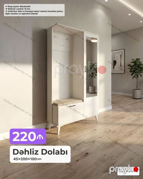 Dəhliz dolabı – 45×200×100 sm - Minimalist dizayn, ağ rəngli — Bakı