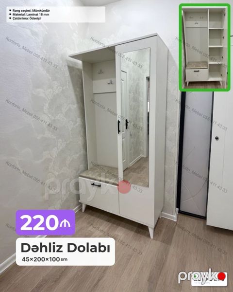 Dəhliz dolabı – 45×200×100 sm - Dizayn: Ayna qapılı şkaf, asılqanlı — Bakı