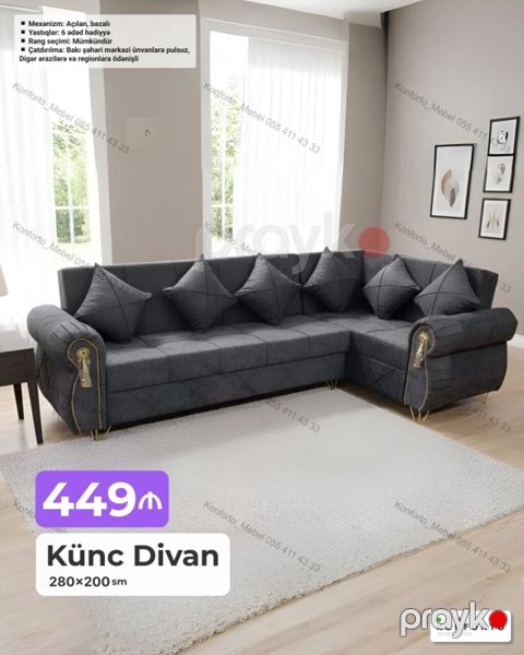 Künc Divan – 280×200 sm - Geniş L formalı dizayn, qonaq otaqları üçün — Bakı
