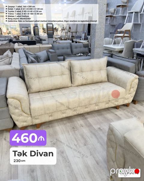 Tək divan – 230 sm Qiymət: 460 - Yumşaq, rahat oturacaq və iki — Bakı