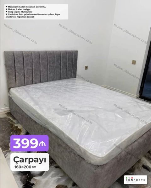 Məhsul: Çarpayı (160×200 sm) - Yumşaq başlıqla, müasir dizayn - Ölçü — Bakı