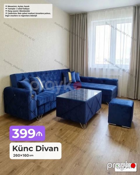 Künc divan – 260×160 sm - Mexanizm: açılan, bazalı (yataq funksiyalı — Bakı