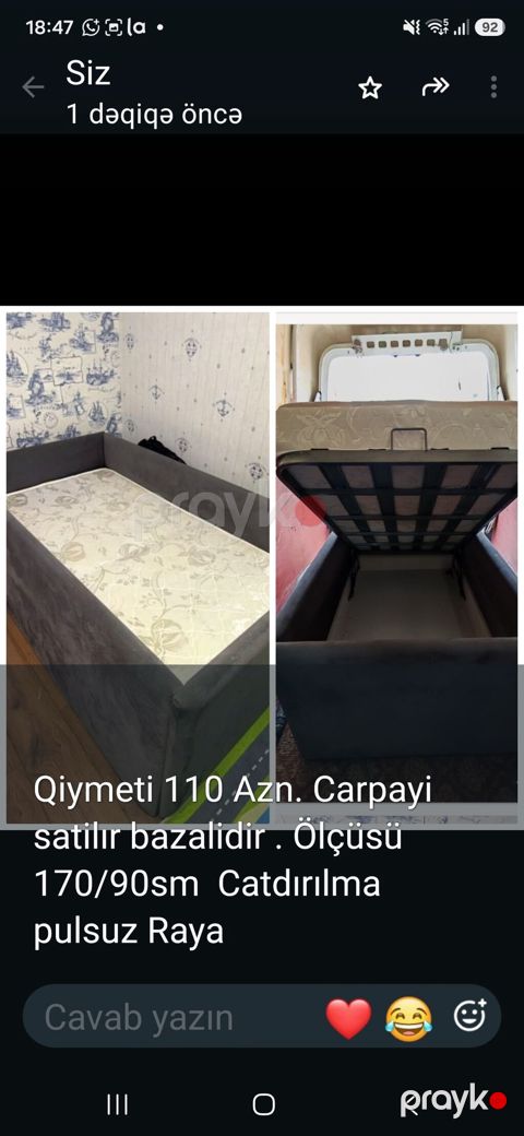 Bazalı çarpayı - Ölçü: 170 x 90 sm - Bazalı model: yuxarı qalxan — Sumqayıt