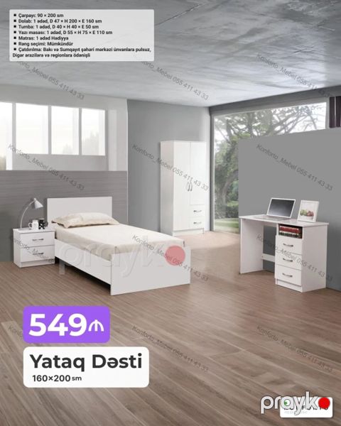 Yataq Dəsti – 160×200 sm Komplektə daxildir: - Çarpayı: 90×200 sm — Bakı