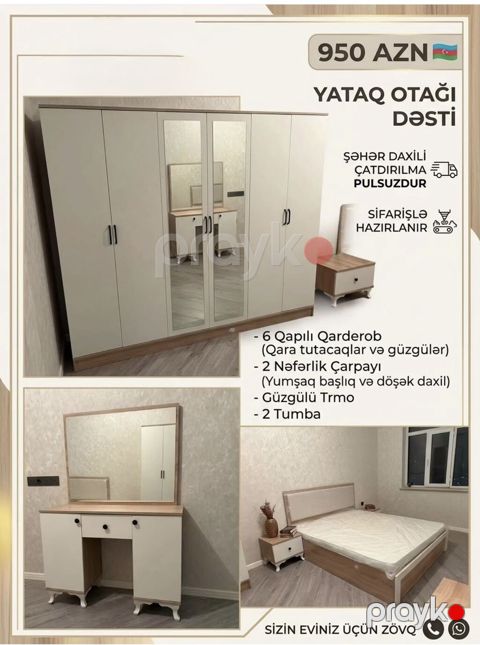 Yataq otağı dəsti – 950 AZN Tərkibi: - 6 qapılı qarderob (qara — Bakı