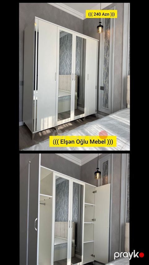 Yeni, 4 qapılı, Güzgülü, Ağ, Açılan, Düz dolab — Bakı